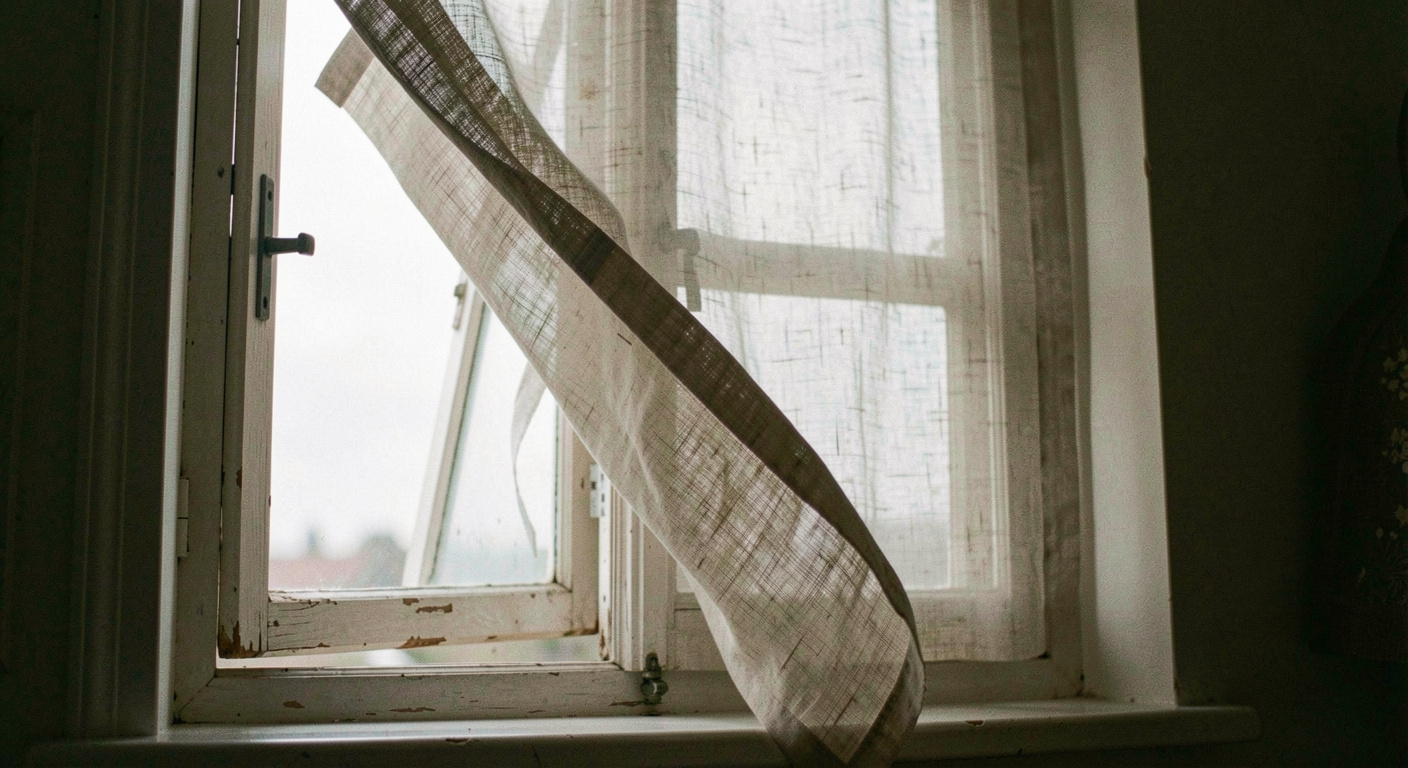 Heller Leinenvorhang bewegt sich in der Zugluft vor einem gekippten Fenster, dahinter dämmriger Himmel, weiches Seitenlicht, halbnahe Aufnahme