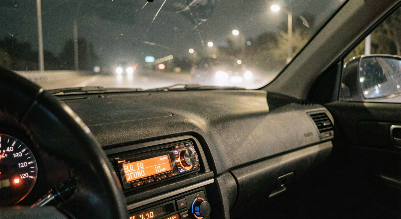 Armaturenbrett eines Autos bei Nachtfahrt, die Skala des Radios leuchtet orange, vorn die leere Fahrbahn im Scheinwerferlicht, Nahaufnahme von der Beifahrerseite