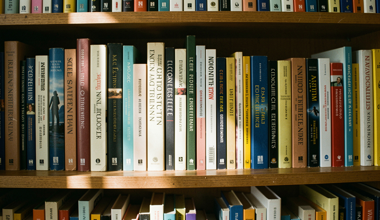 Ausschnitt eines vollen Bücherregals, einzelne Buchrücken stehen unregelmässig einige Zentimeter vor der Reihe, streifendes Seitenlicht wirft kleine Schatten, Nahaufnahme frontal