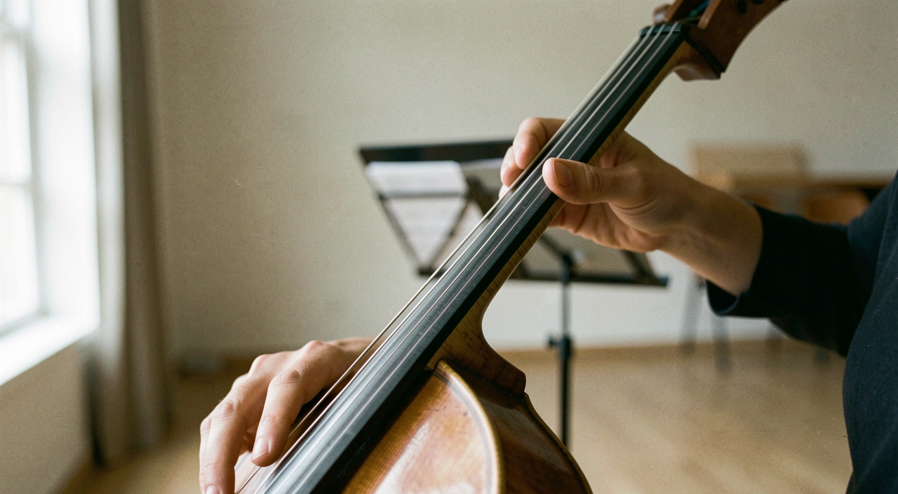 Bogen auf den Saiten eines Cellos in einem leeren Probenraum, Hand nur angeschnitten im Bild, Notenständer unscharf im Hintergrund, weiches Seitenlicht von links, Makroaufnahme