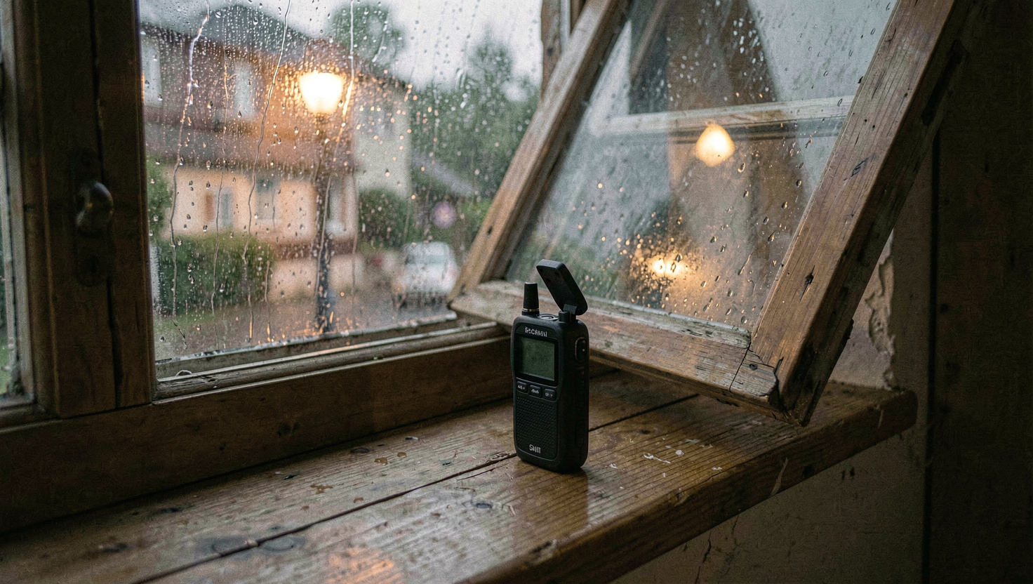 Kleiner Handrekorder mit ausgeklappten Mikrofonen steht auf einem hölzernen Fensterbrett am gekippten Fenster, draussen Regen und nasses Blech, Licht nur von einer Strassenlaterne, Nahaufnahme