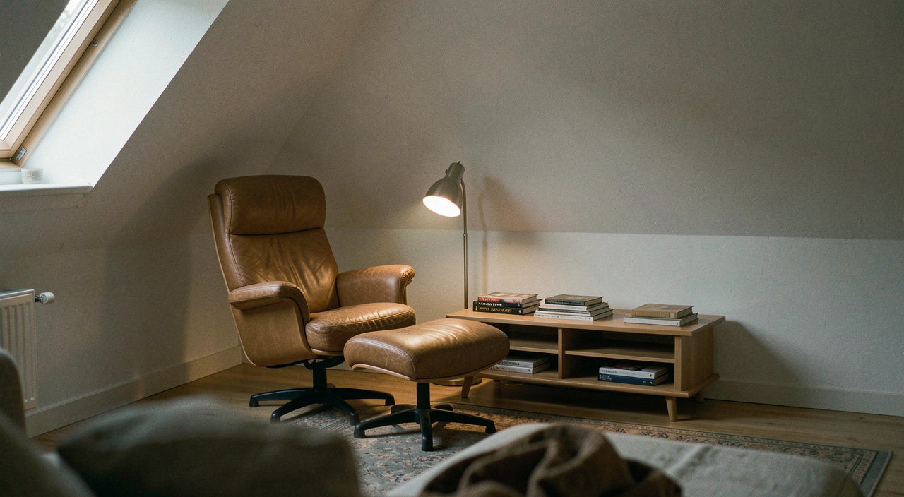 Kleine Hörecke mit Ledersessel, Fussbank und niedrigem Plattenregal unter einer schrägen Dachwand, Leselampe wirft einen engen Lichtkegel, halbnahe Totale