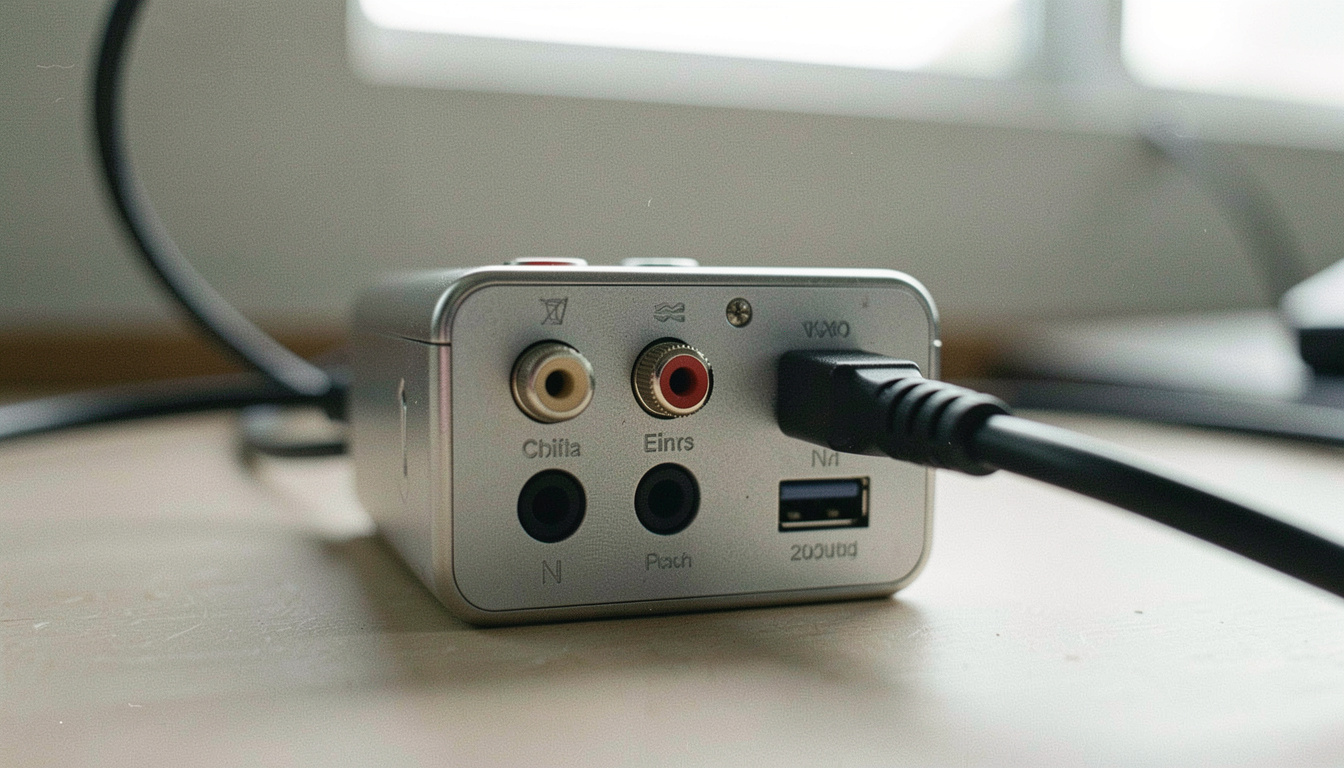 Rückseite eines kleinen Audiogeräts mit Klinkenbuchsen, Cinchausgängen und USB-Anschluss, ein Kabel steckt halb eingeschoben, kühles Arbeitslicht von oben, Makroaufnahme