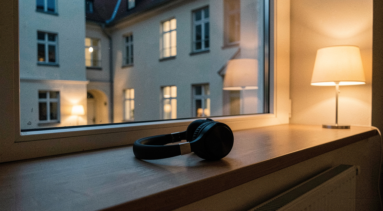 Kopfhörer liegt auf einer breiten Fensterbank vor einem nächtlichen Innenhof mit wenigen erleuchteten Fenstern, kühles Licht von aussen, warme Lampe im Rücken, halbnahe Aufnahme