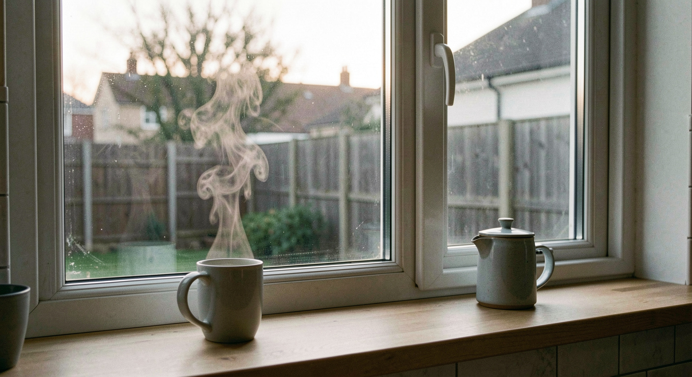 Küchenfenster im Morgengrauen mit dampfender Tasse auf dem Fensterbrett, Hinterhof in Grautönen, weiches Gegenlicht, Nahaufnahme