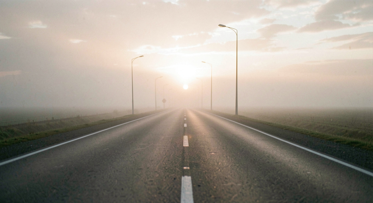Leere Landstrasse zieht sich in flachen Nebel hinein, letztes Licht am Horizont, Leitpfosten reflektieren schwach, tiefe Totale vom Strassenrand