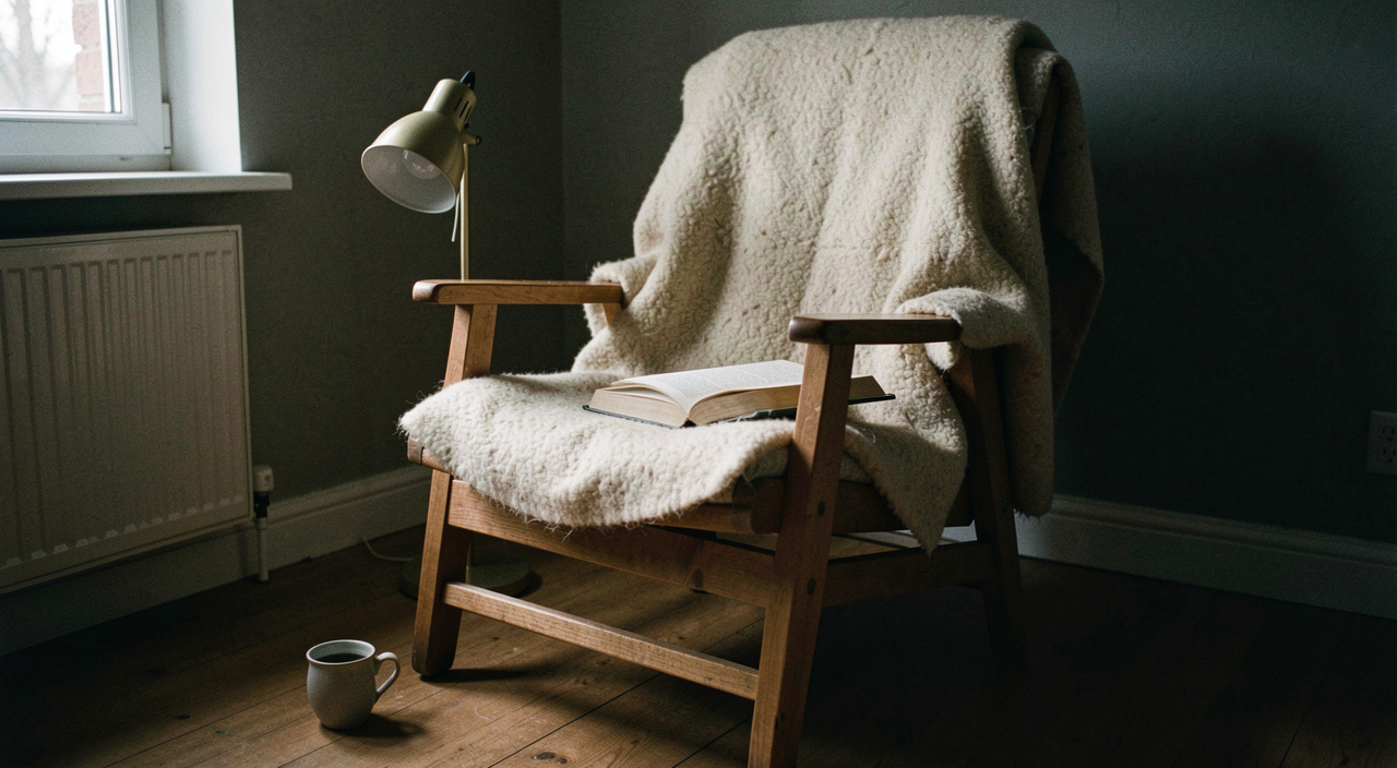 Ledersessel mit Wolldecke und aufgeschlagenem Buch neben einer niedrigen Stehlampe, daneben eine Tasse auf dem Boden, Zimmer sonst dunkel, halbnahe Totale aus der Zimmerecke
