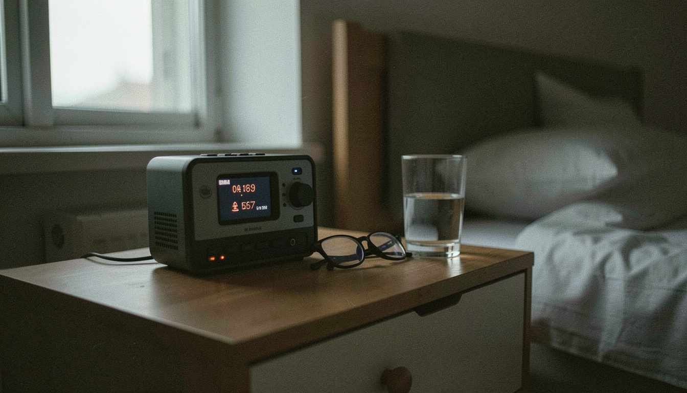 Kleines Radiogerät mit gedimmtem Display auf einem Nachttisch neben Brille und Wasserglas, das Zimmer liegt im Dunkeln, schwacher Lichtschein vom Fenster, Nahaufnahme aus Bettkantenhöhe