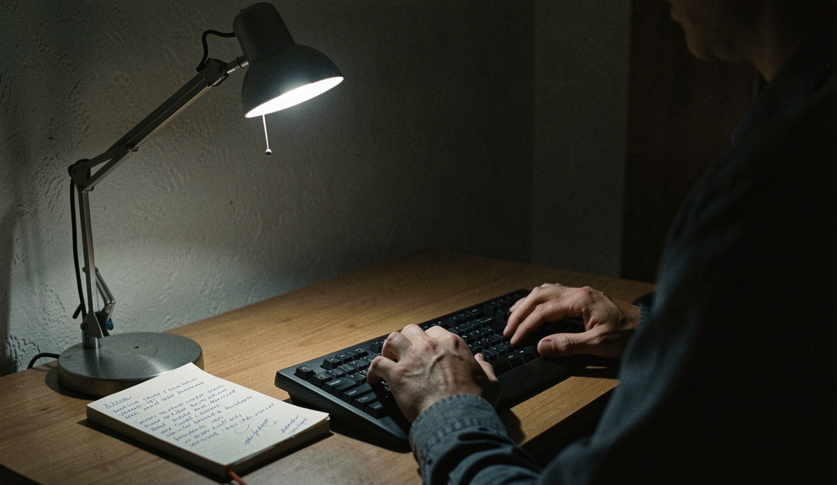 Hände über einer Tastatur neben einem beschriebenen Notizblock, eine Schreibtischlampe wirft einen engen Lichtkreis, der Rest des Zimmers liegt im Dunkeln, Aufsicht von schräg hinten