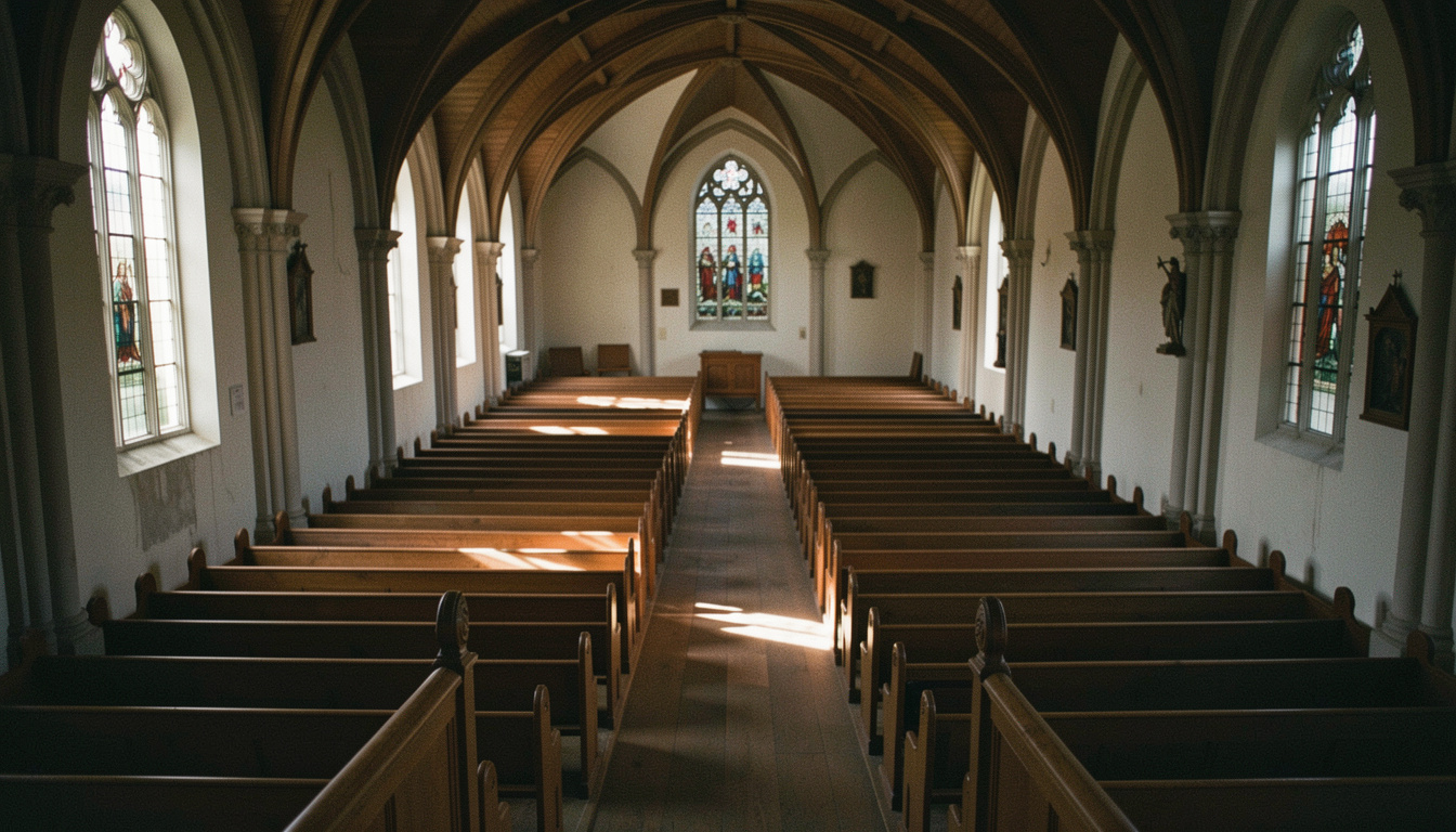 Leeres Kirchenschiff von der Orgelempore aus gesehen, lange Bankreihen im Halbdunkel, ein schmaler Lichtstreifen fällt durch ein Seitenfenster, ruhige Totale