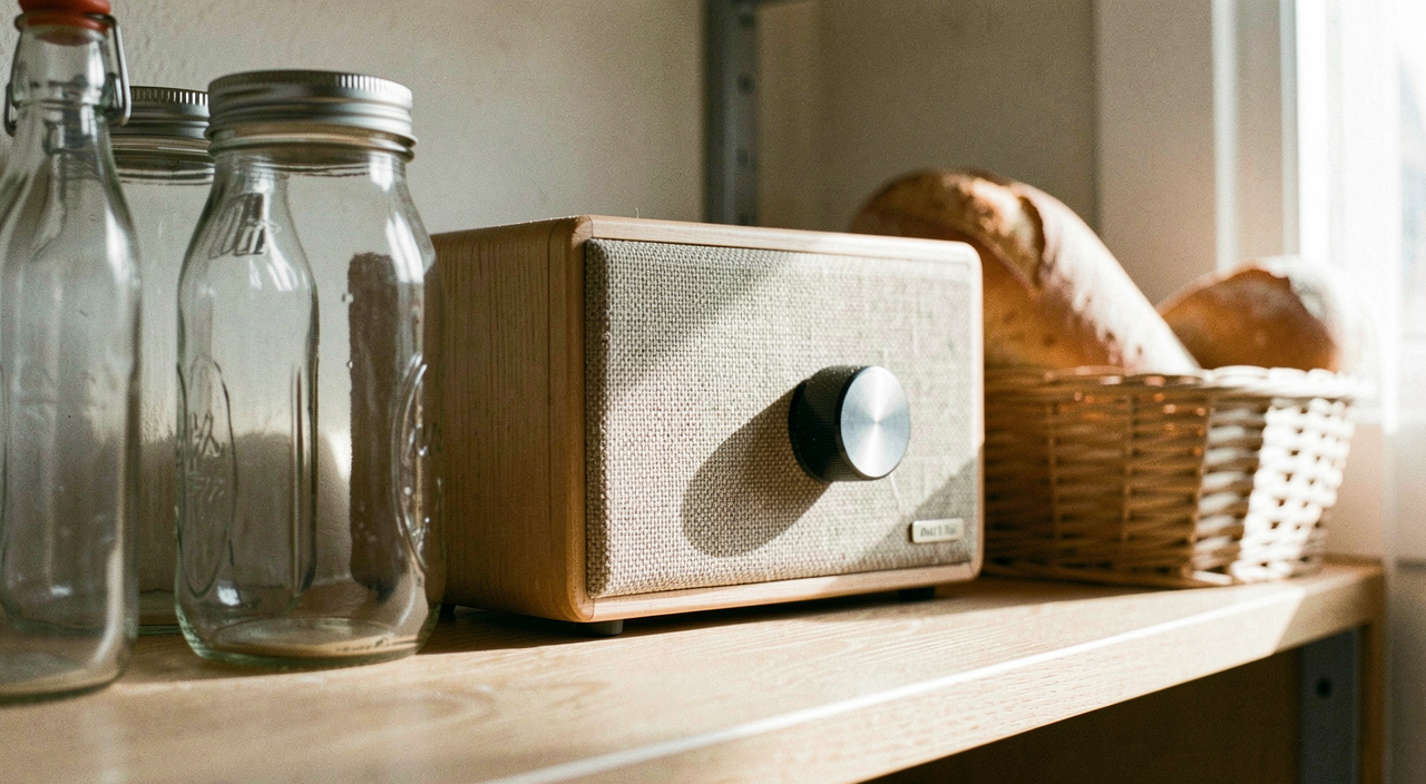 Kompaktes Radio mit grossem Drehknopf und Stoffbespannung steht auf einem Küchenregal zwischen Gläsern und einem Brotkorb, Morgenlicht von rechts, halbnahe Aufnahme