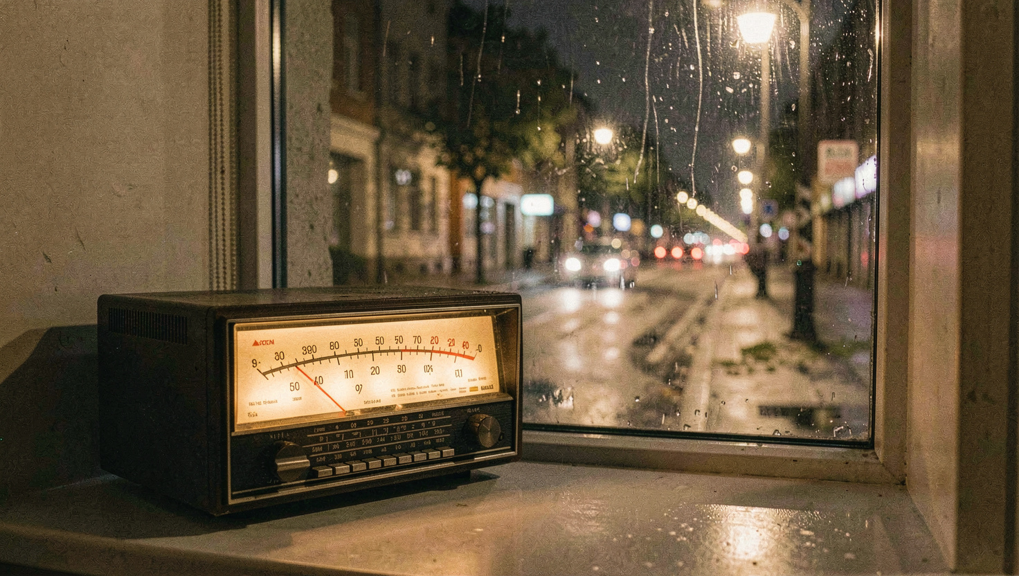Älteres Radiogerät mit beleuchteter Skala auf einer Fensterbank, dahinter eine regennasse Strasse mit Laternen bei Nacht, warmes Skalenlicht, halbnahe Aufnahme