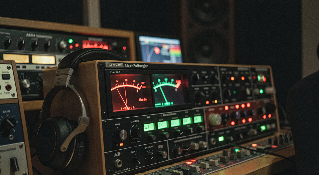 Mischpultregler in einem dunklen Radiostudio bei Nacht, Skalen leuchten rot und grün, Kopfhörer hängt über der Lehne, Nahaufnahme mit flacher Schärfe