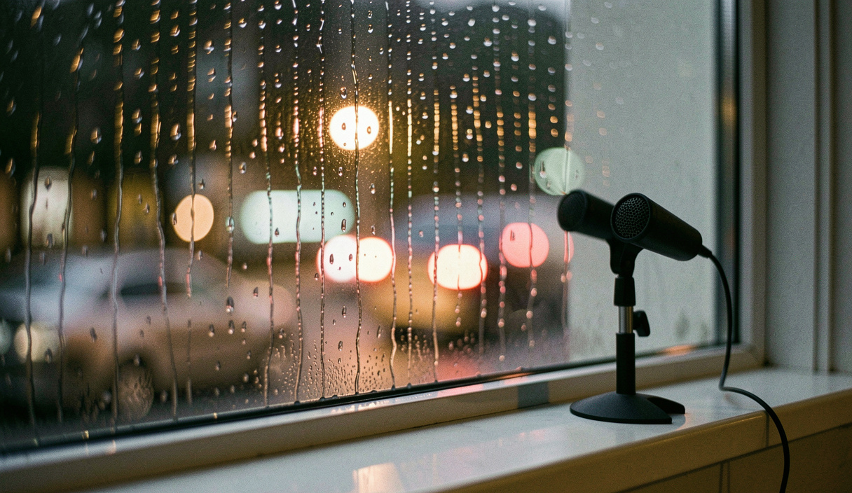 Regentropfen laufen über eine Fensterscheibe, dahinter unscharfe Strassenlichter, ein kleines Aufnahmemikrofon steht am Fensterbrett, kaltes Nachtlicht, Nahaufnahme