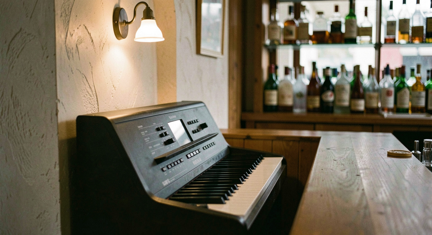 Tastatur eines elektrischen Pianos in der Nische einer Bar, darüber eine kleine Wandlampe mit warmem Licht, im Hintergrund unscharfe Flaschenreihen, halbnahe Aufnahme von schräg links
