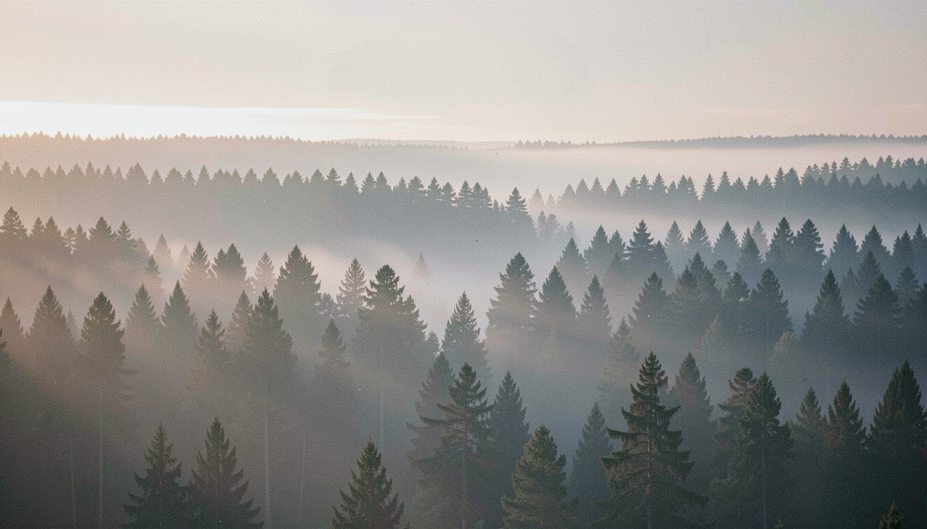 Dichter Nadelwald im Nebel kurz vor Sonnenaufgang, Baumreihen verlieren sich in Grauschichten, kaltes diffuses Licht, ruhige Totale