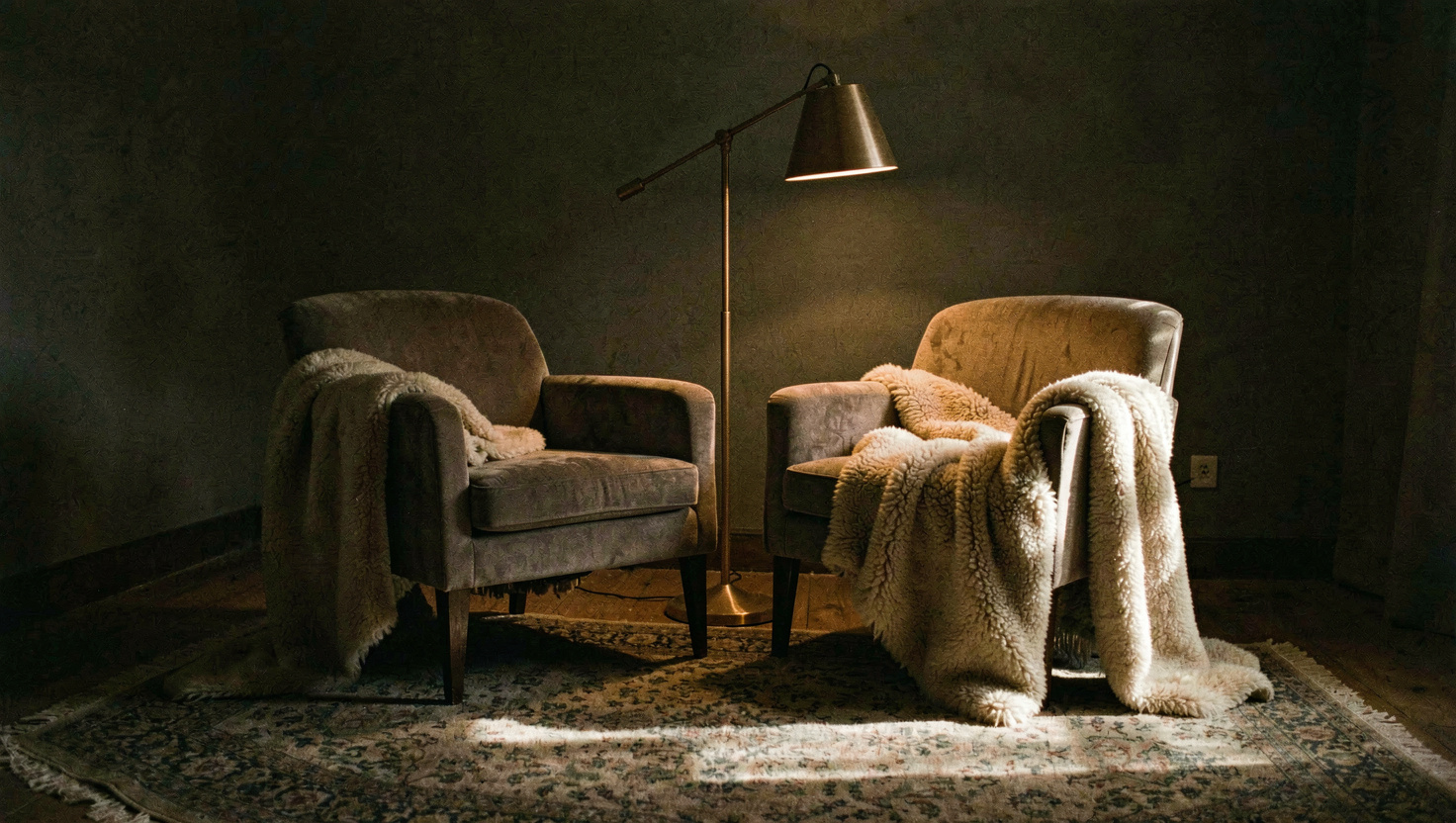 Leerer Ohrensessel mit dicker Wolldecke neben einer Stehlampe in einem abgedunkelten Zimmer, warmes Licht fällt schräg auf den Teppich, Totale aus Augenhöhe