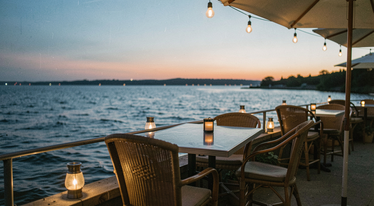 Niedrige Terrassenbar mit Rattansesseln und Windlichtern in der blauen Abenddämmerung am Wasser, Horizont noch orange, Weitwinkel von der Seite
