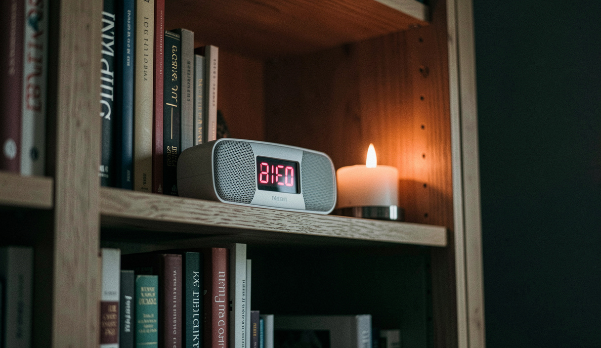 Kleines Digitalradio mit beleuchtetem Display auf einem Bücherregal aus Eiche, Raum sonst dunkel, Licht kommt nur vom Display und einer Kerze, Nahaufnahme leicht von unten