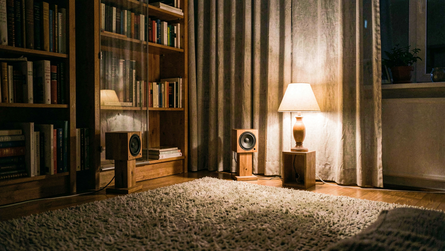 Wohnzimmer bei Nacht mit schwerem Vorhang, Bücherwand und dickem Teppich, zwei kleine Lautsprecher auf Holzsockeln, warmes Licht einer Tischlampe, Totale aus der Zimmerecke
