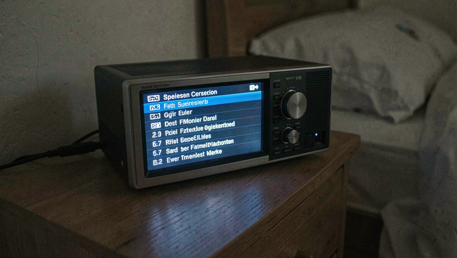 Beleuchtetes Display eines Radiogeräts mit einer Liste gespeicherter Sender auf einem Nachttisch, Zimmer dunkel, blaues Displaylicht auf der Tischplatte, Nahaufnahme leicht von oben
