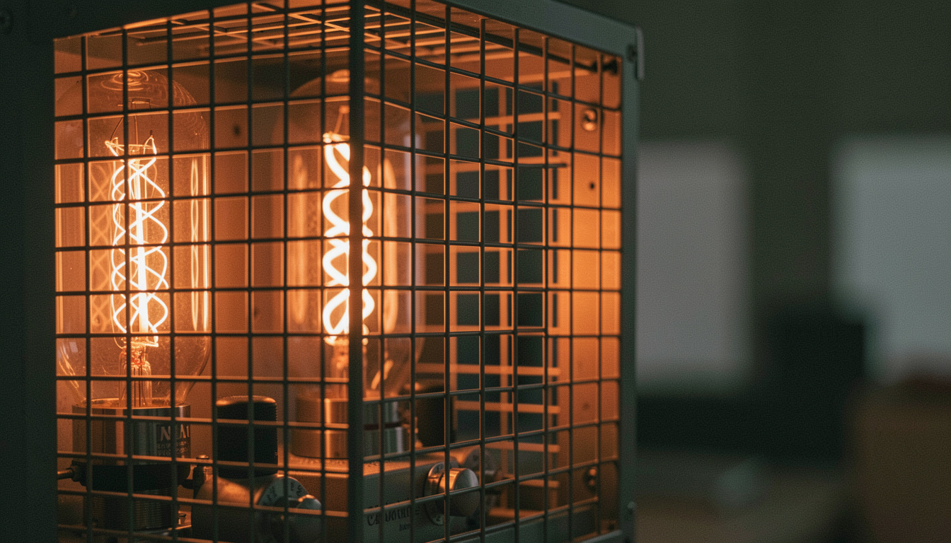 Glühende Röhren eines Verstärkers hinter einem Metallgitter in einem dunklen Zimmer, orangefarbenes Eigenlicht als einzige Lichtquelle, Makroaufnahme mit flacher Schärfe