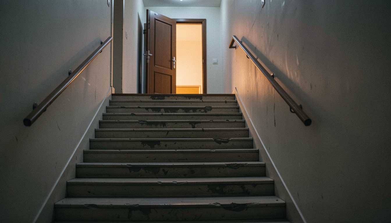 Altbautreppenhaus bei Nacht mit abgelaufenen Steinstufen und einer angelehnten Wohnungstür, aus dem Spalt fällt warmes Licht, kühles Deckenlicht von oben, Totale vom Treppenabsatz